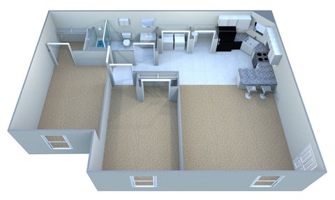 Floor plan for 2 beds, 1 bath, 889 sqft